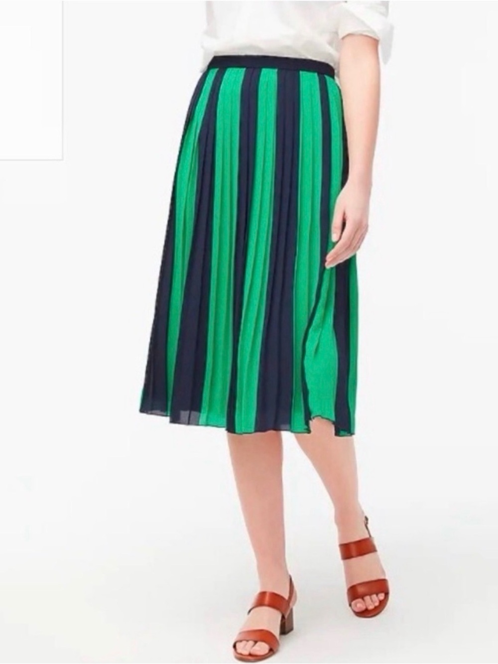 J. Crew Factory Green and Navy Vertical Stripe Pleated Midi Skirt